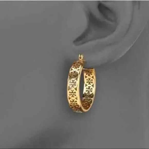 NWOT Tory Burch Gold Kingsley Logo Hoop  Wire Earrings, Comes With Dust Bag - Picture 3 of 5